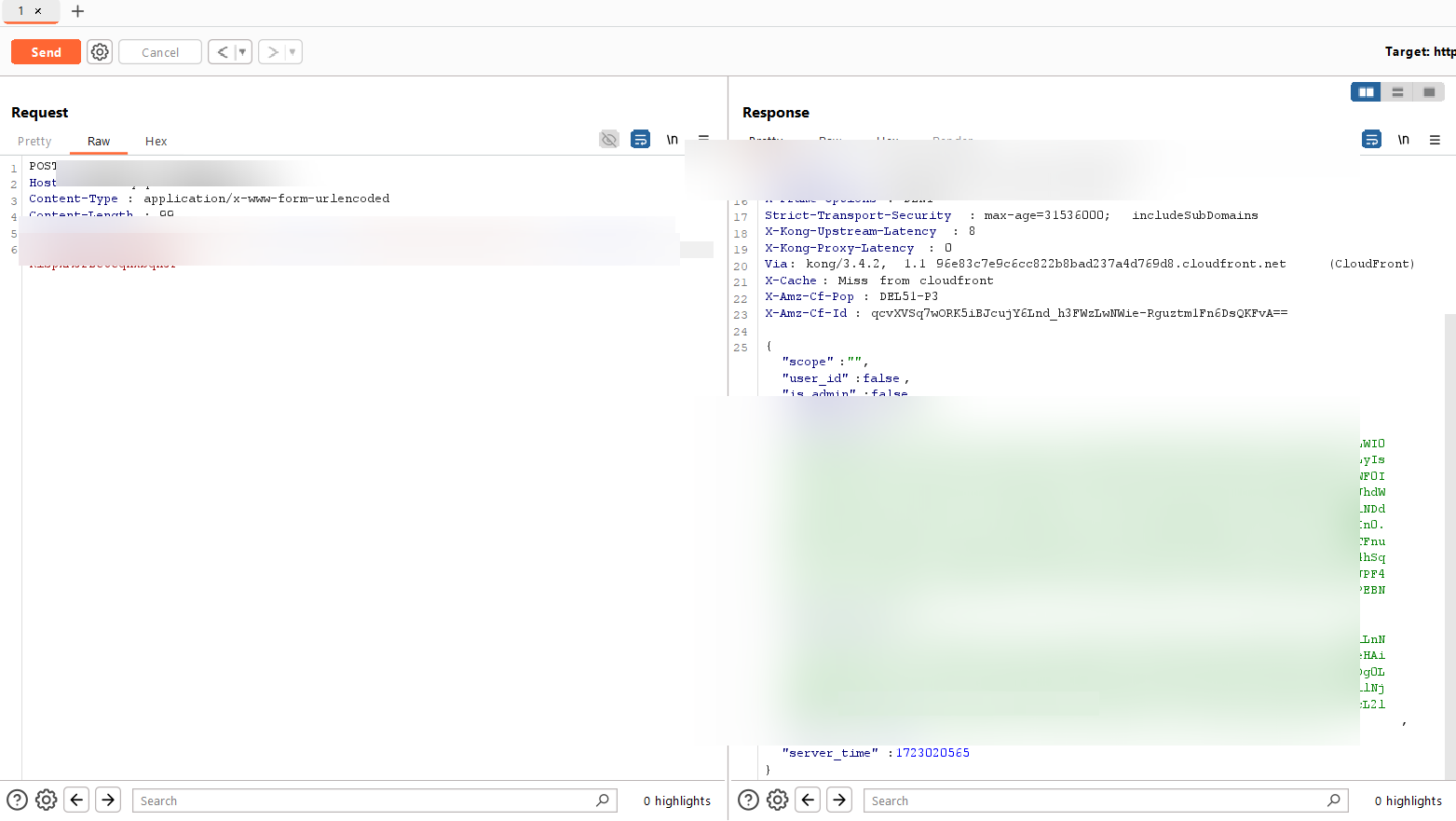 PoC — token request with hardcoded credentials, server returns 200 and access token